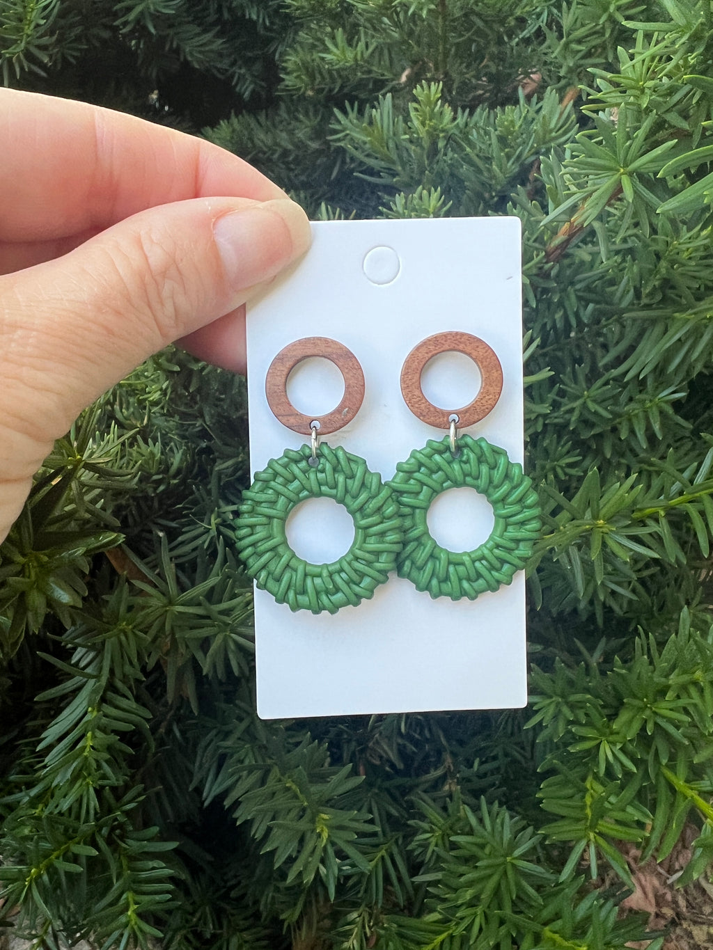 Green Rattan Wood Double Disc Earrings
