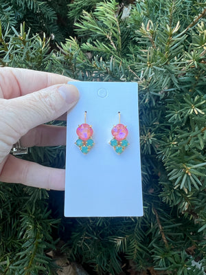 Pink Green Cluster Gemstone Earrings