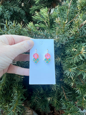 Pink Green Cluster Gemstone Earrings