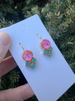 Pink Green Cluster Gemstone Earrings