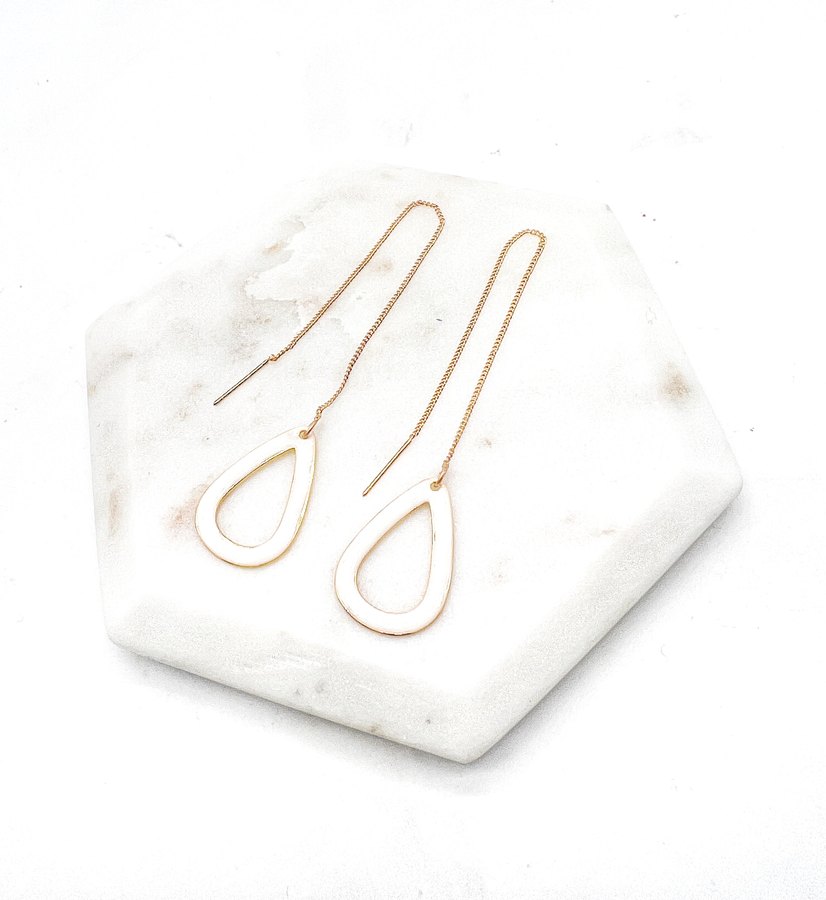 White Teardrop Threader Earrings