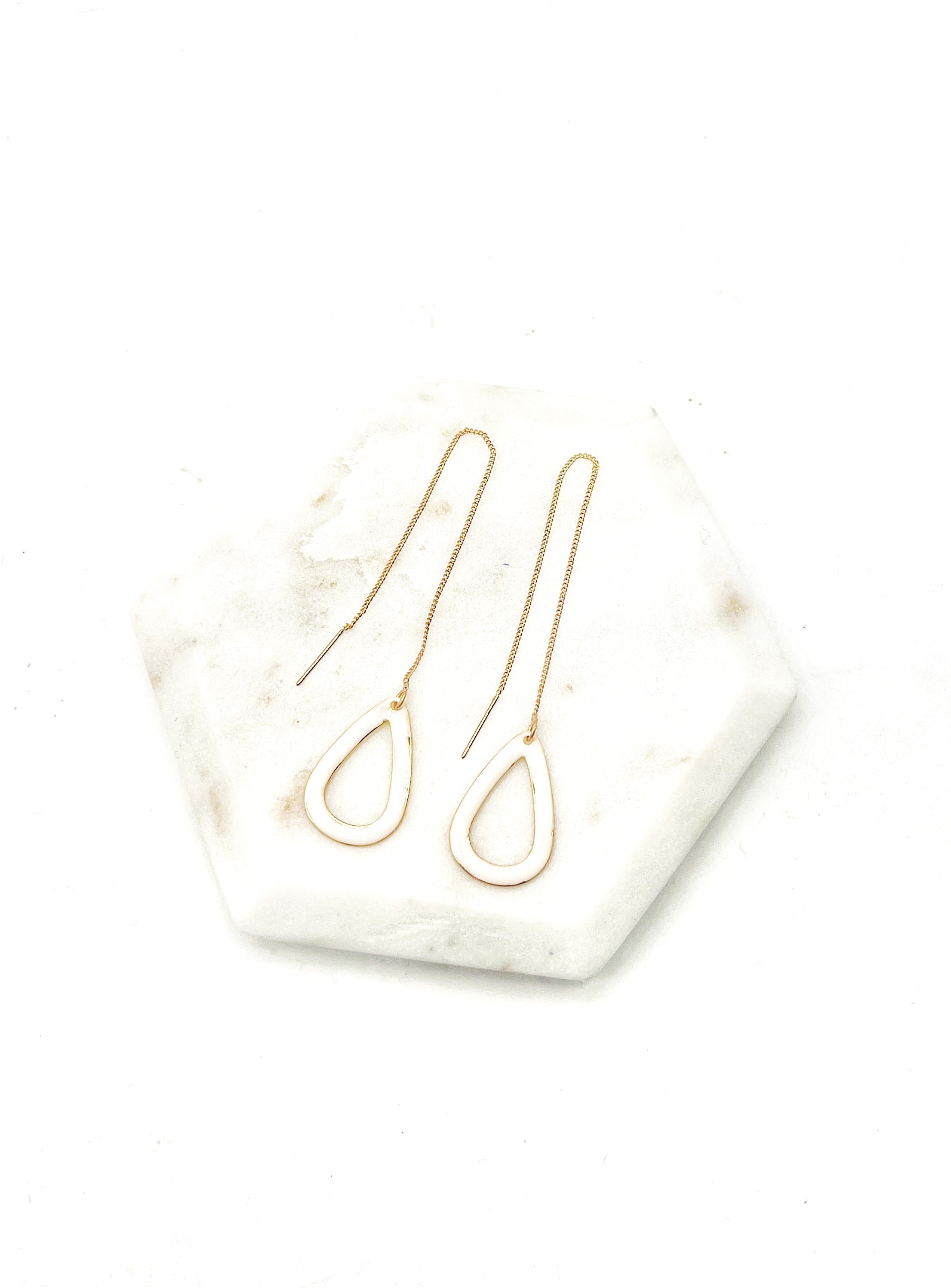 White Teardrop Threader Earrings
