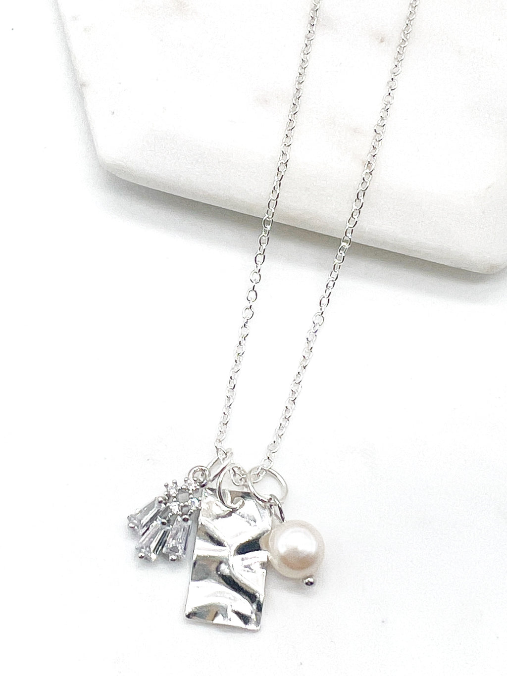 Silver CZ Pearl Bar Necklace