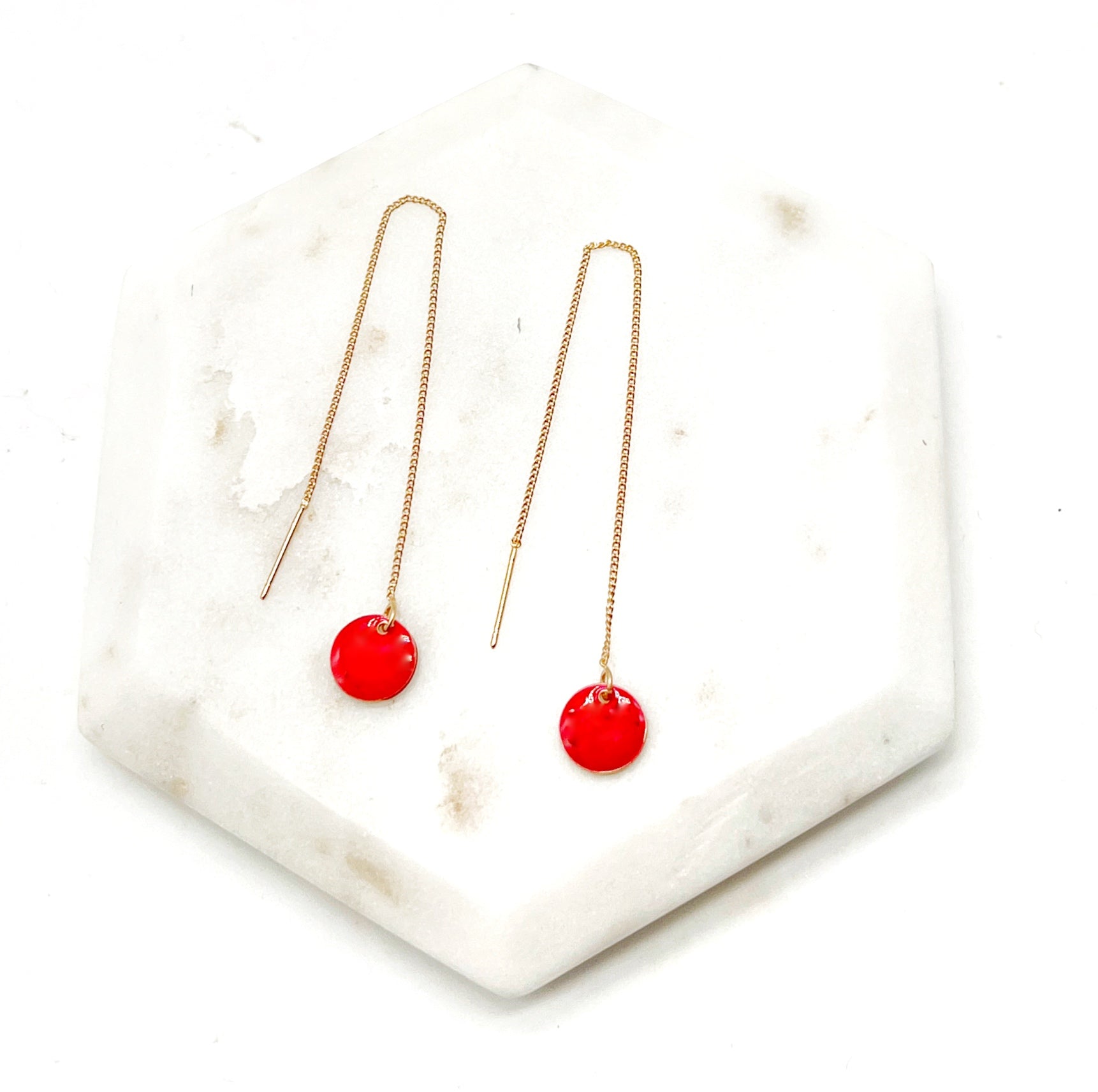 Red Disc Threader Earrings