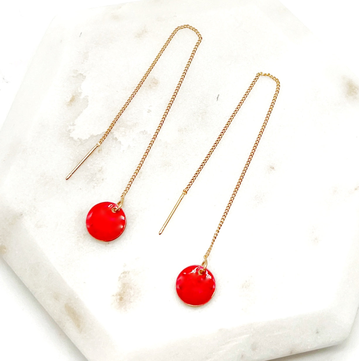 Red Disc Threader Earrings