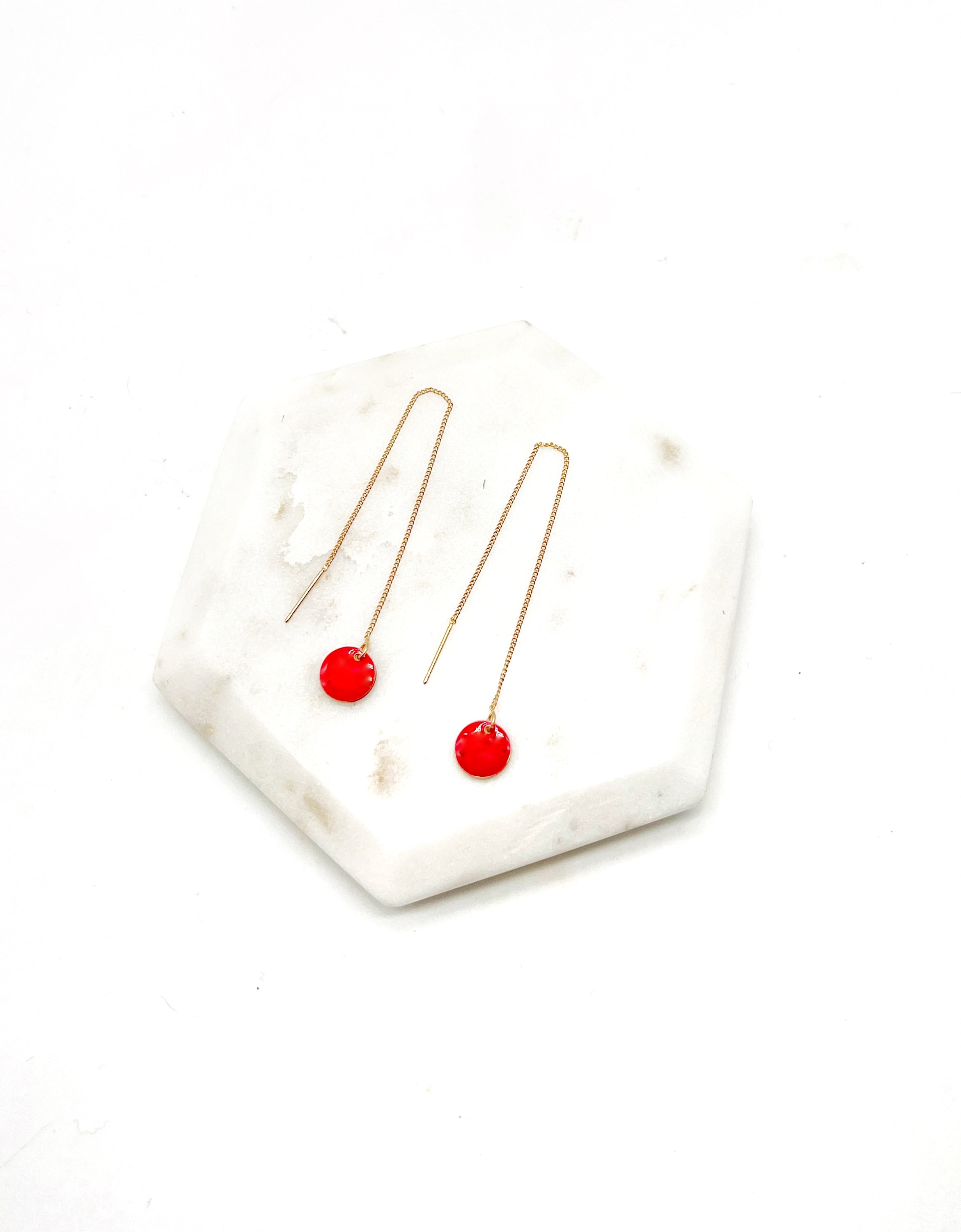 Red Disc Threader Earrings