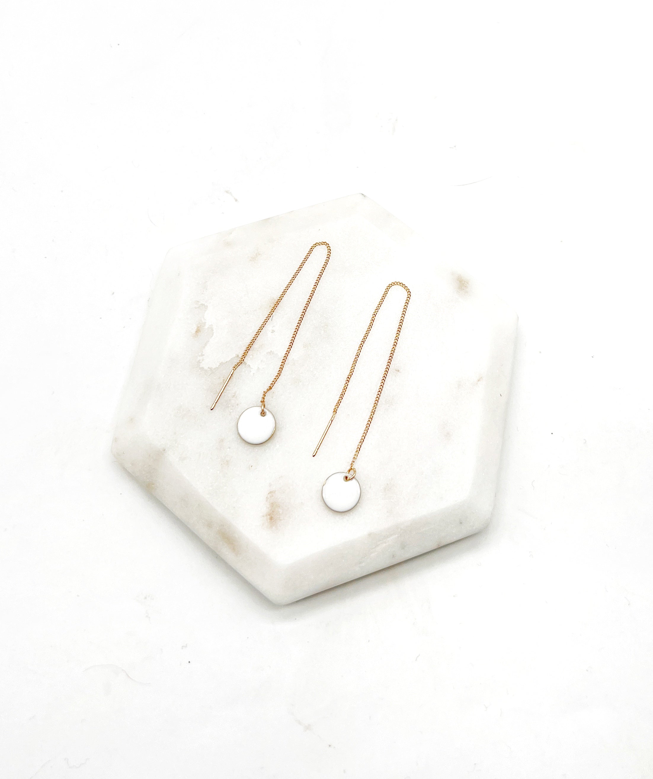 White Disc Threader Earrings