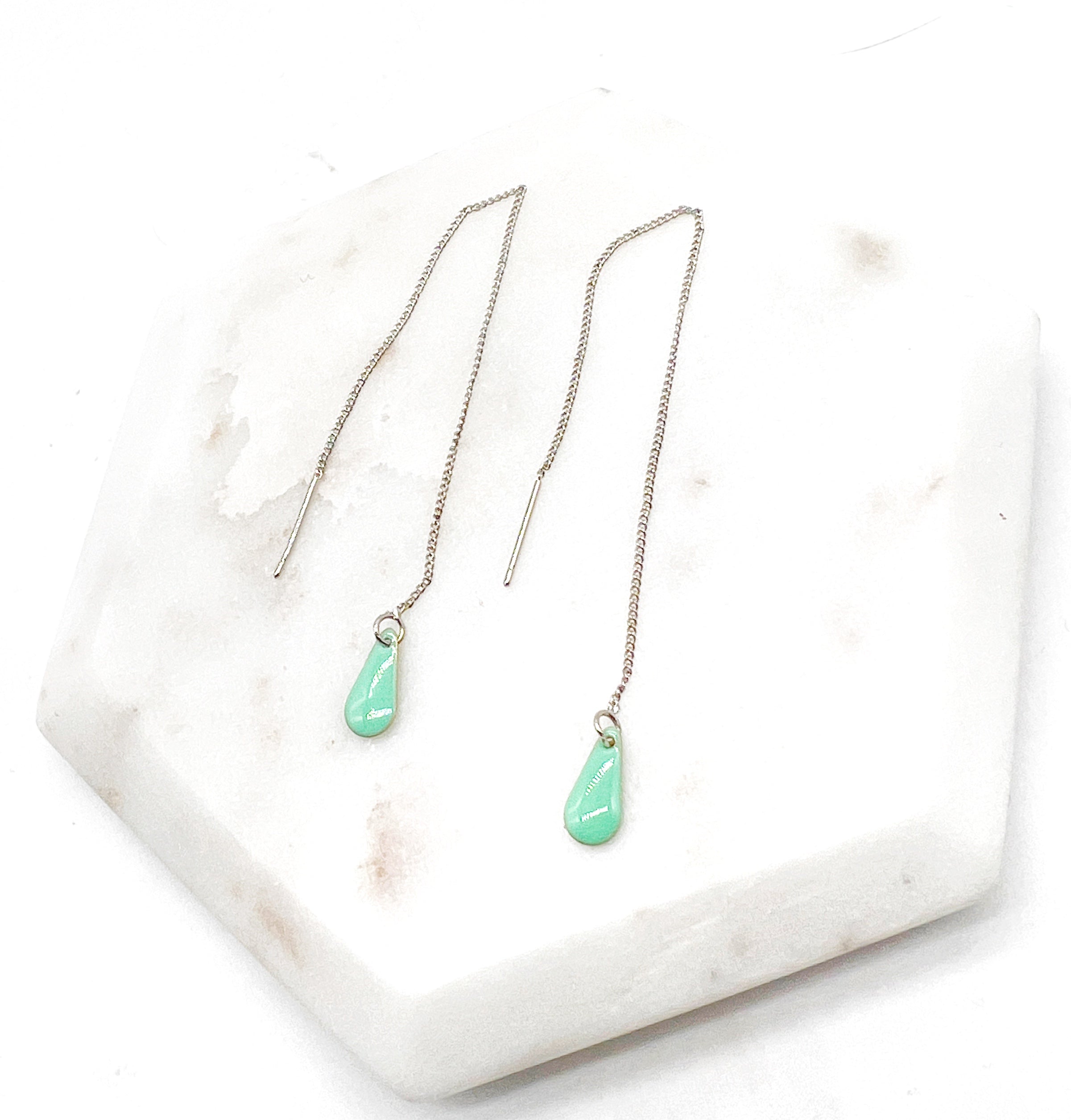 Aqua Green Drop Threader Earrings