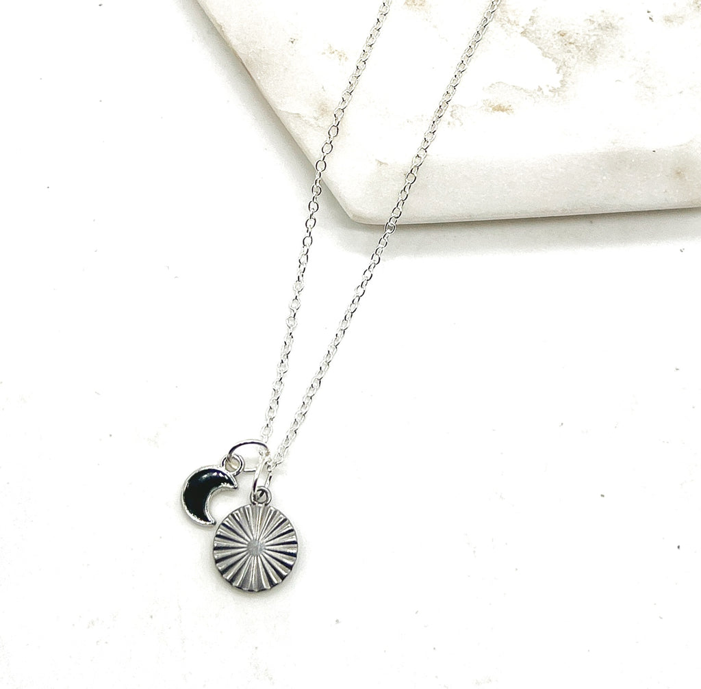 Black Crescent Silver Disc Necklace