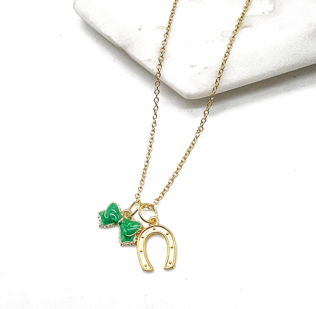 Gold Horseshoe Green Bow Necklace