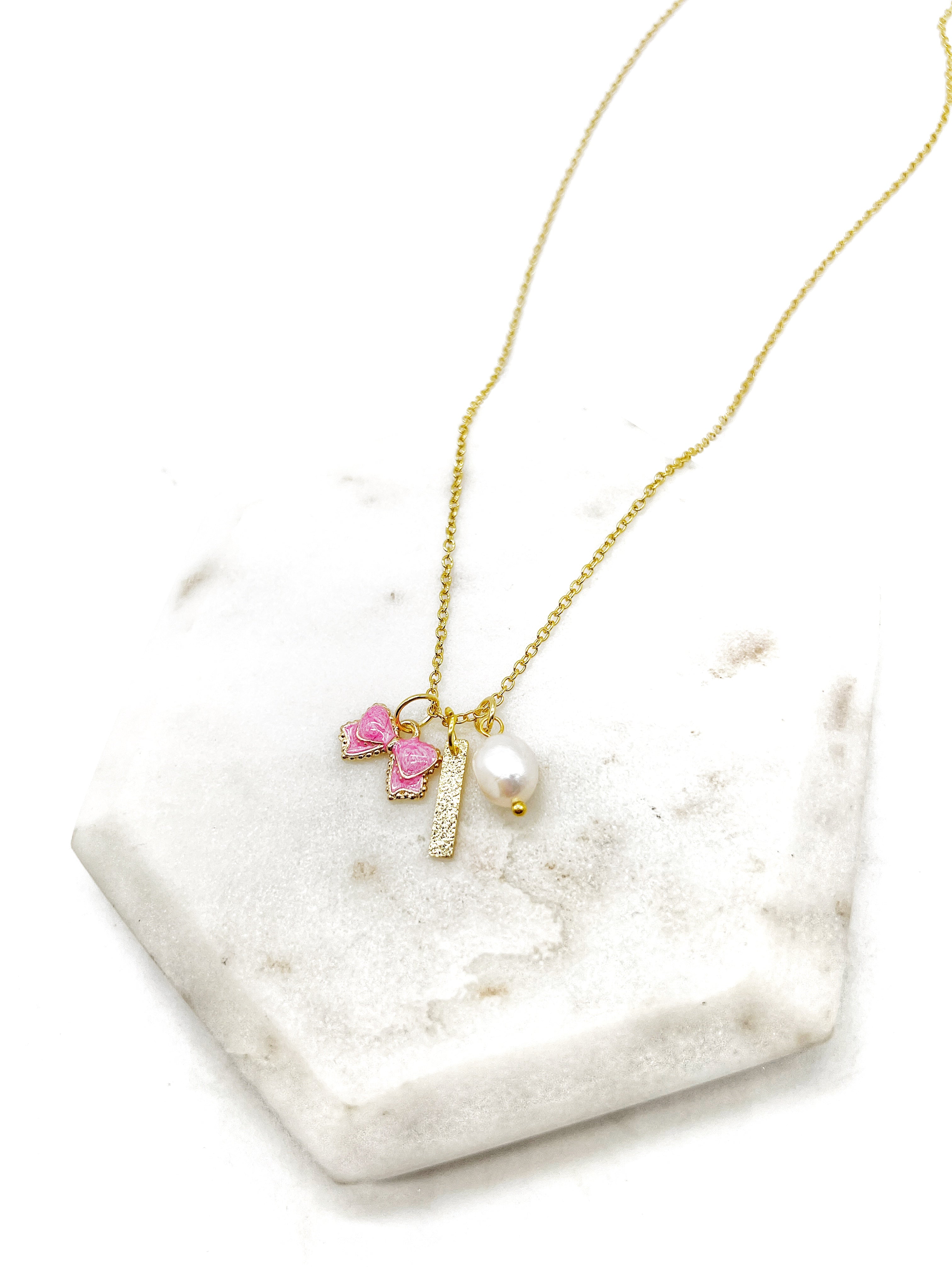 Pink Bow Pearl Bar Necklace