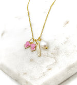 Pink Bow Pearl Bar Necklace