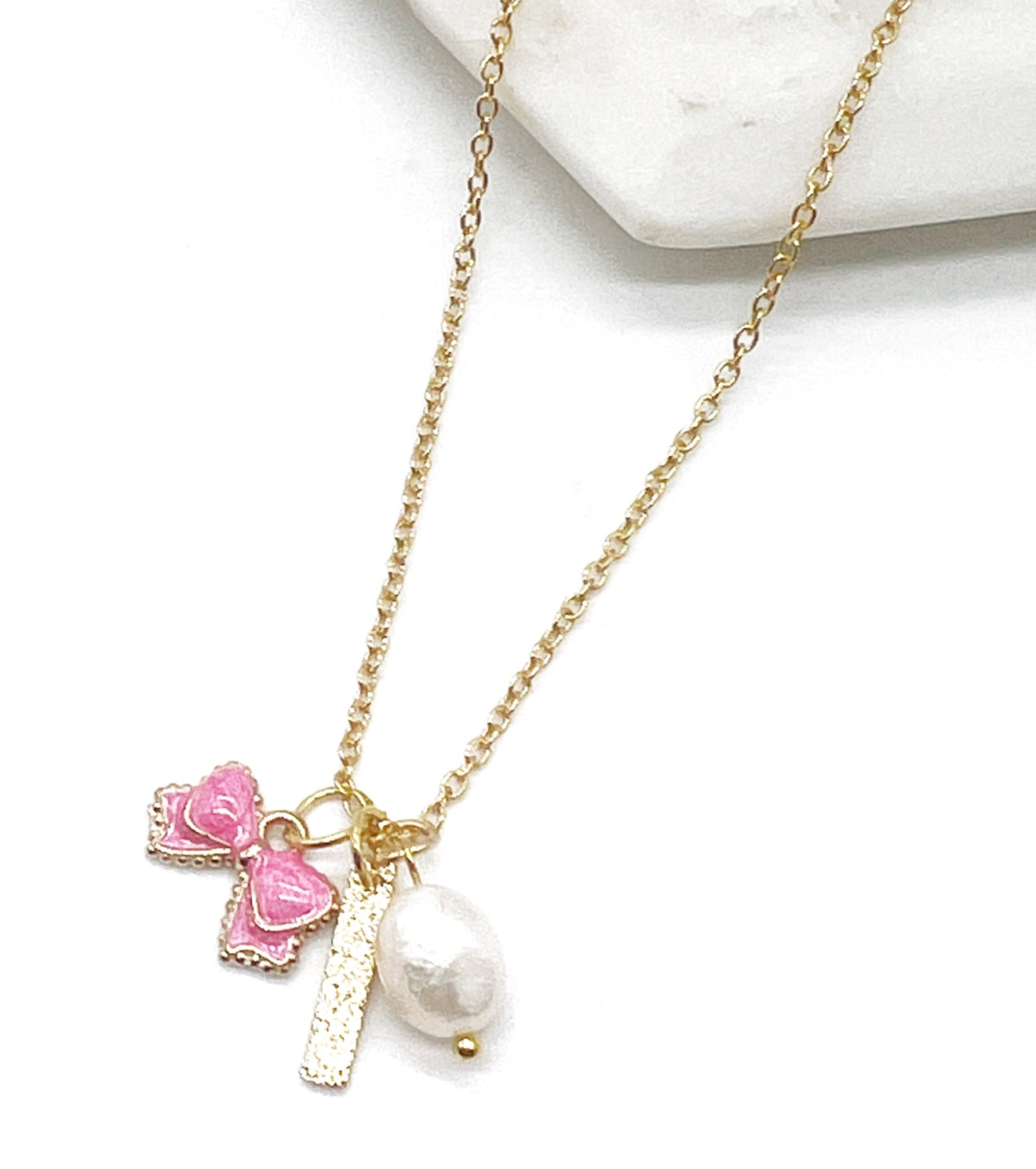 Pink Bow Pearl Bar Necklace