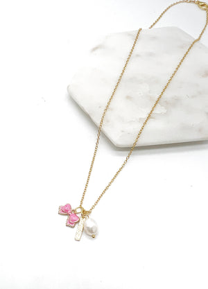 Pink Bow Pearl Bar Necklace