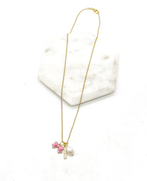 Pink Bow Pearl Bar Necklace