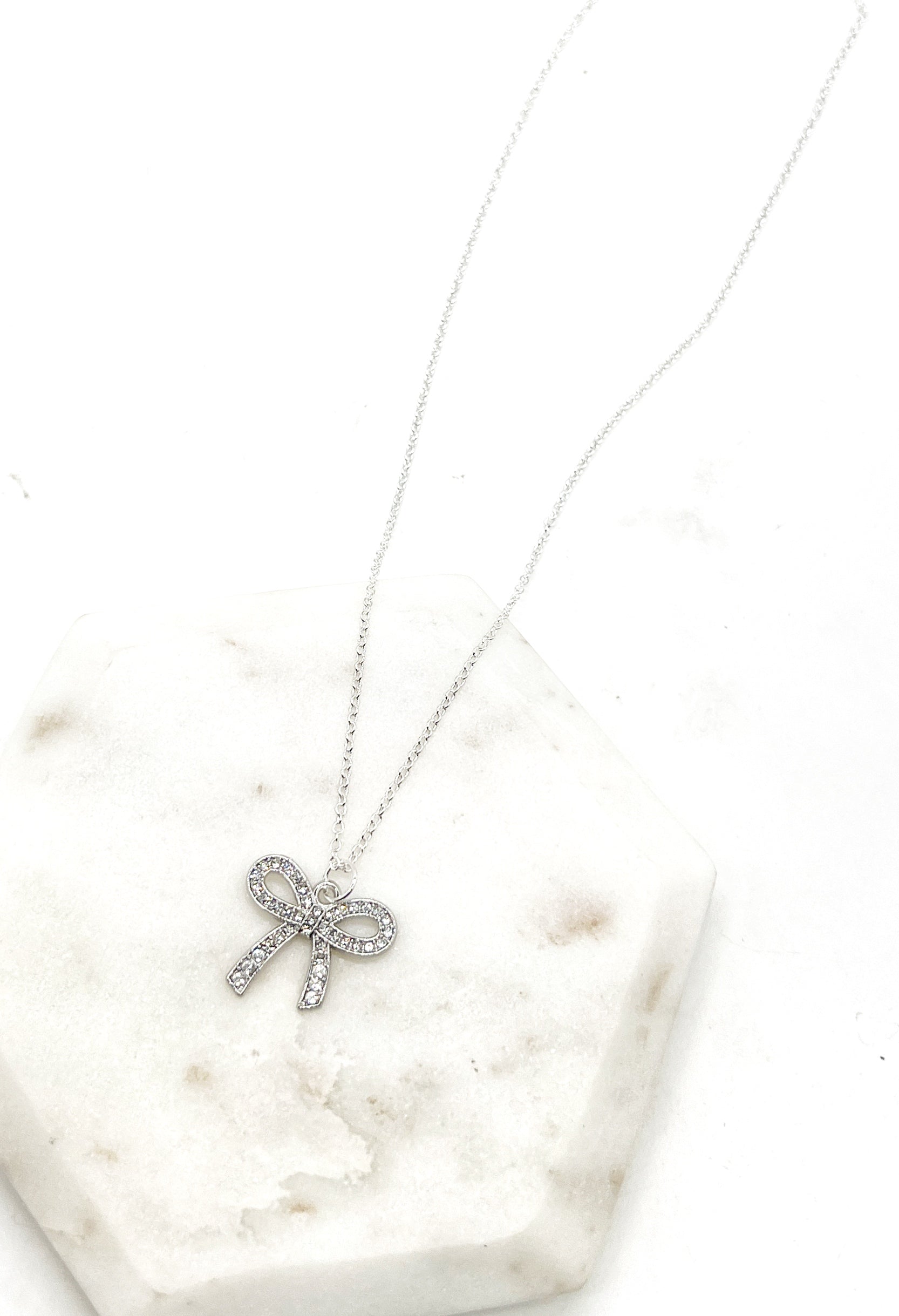 Rhinestone Silver Bow Necklace