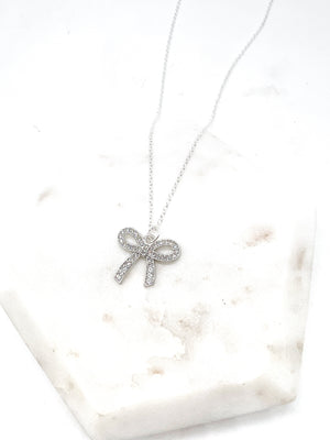 Rhinestone Silver Bow Necklace