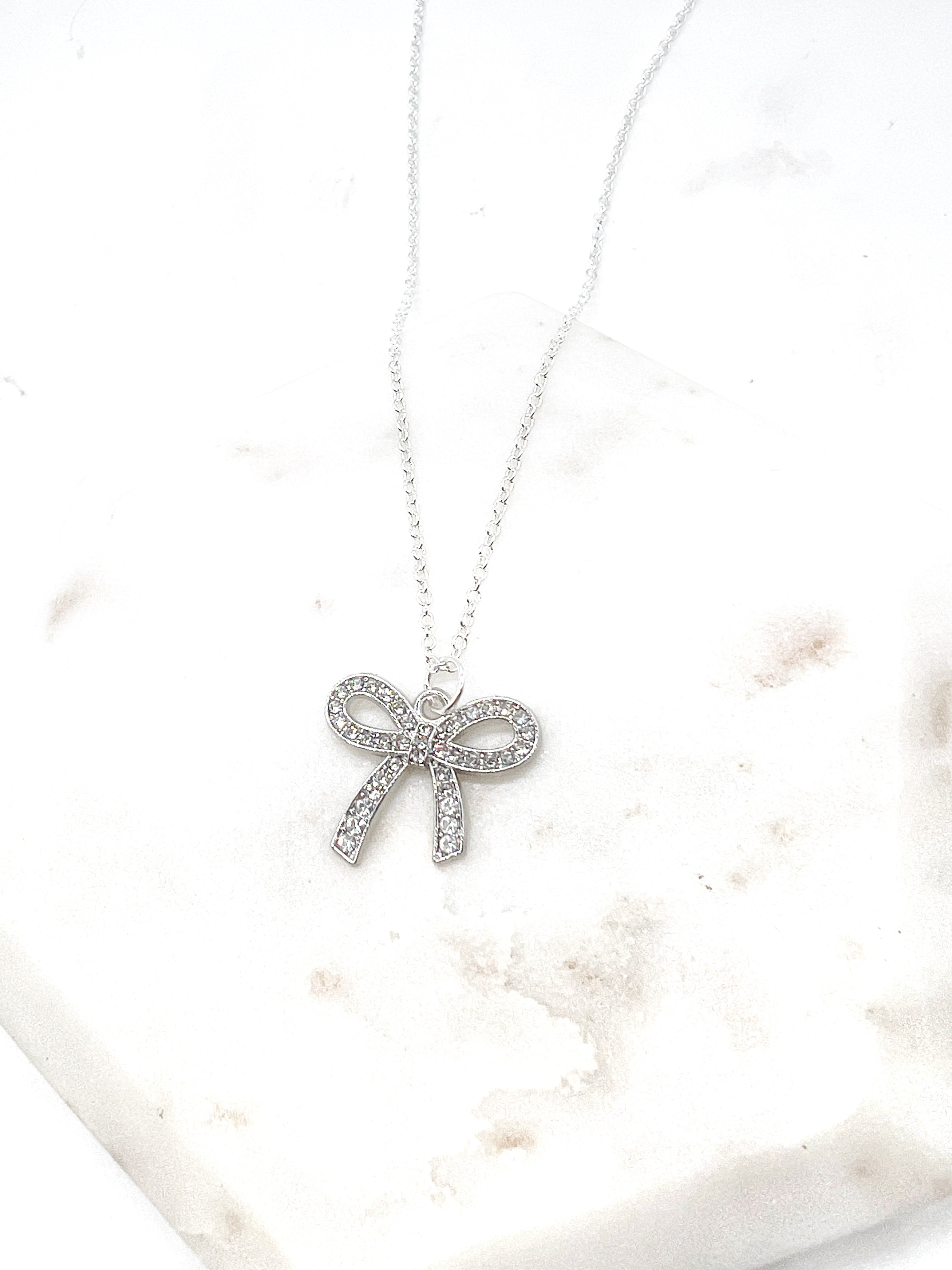 Rhinestone Silver Bow Necklace