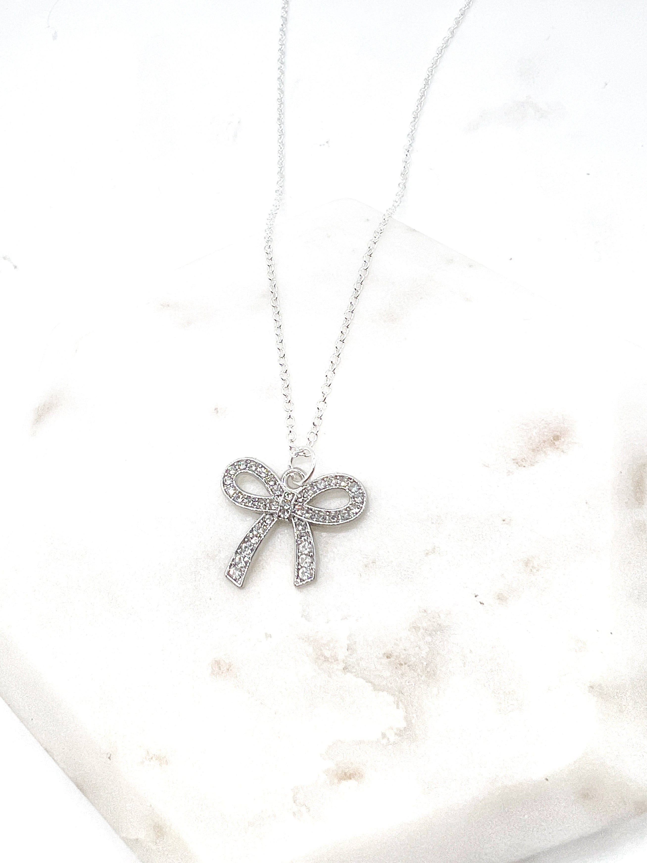 Rhinestone Silver Bow Necklace – Baubles By B