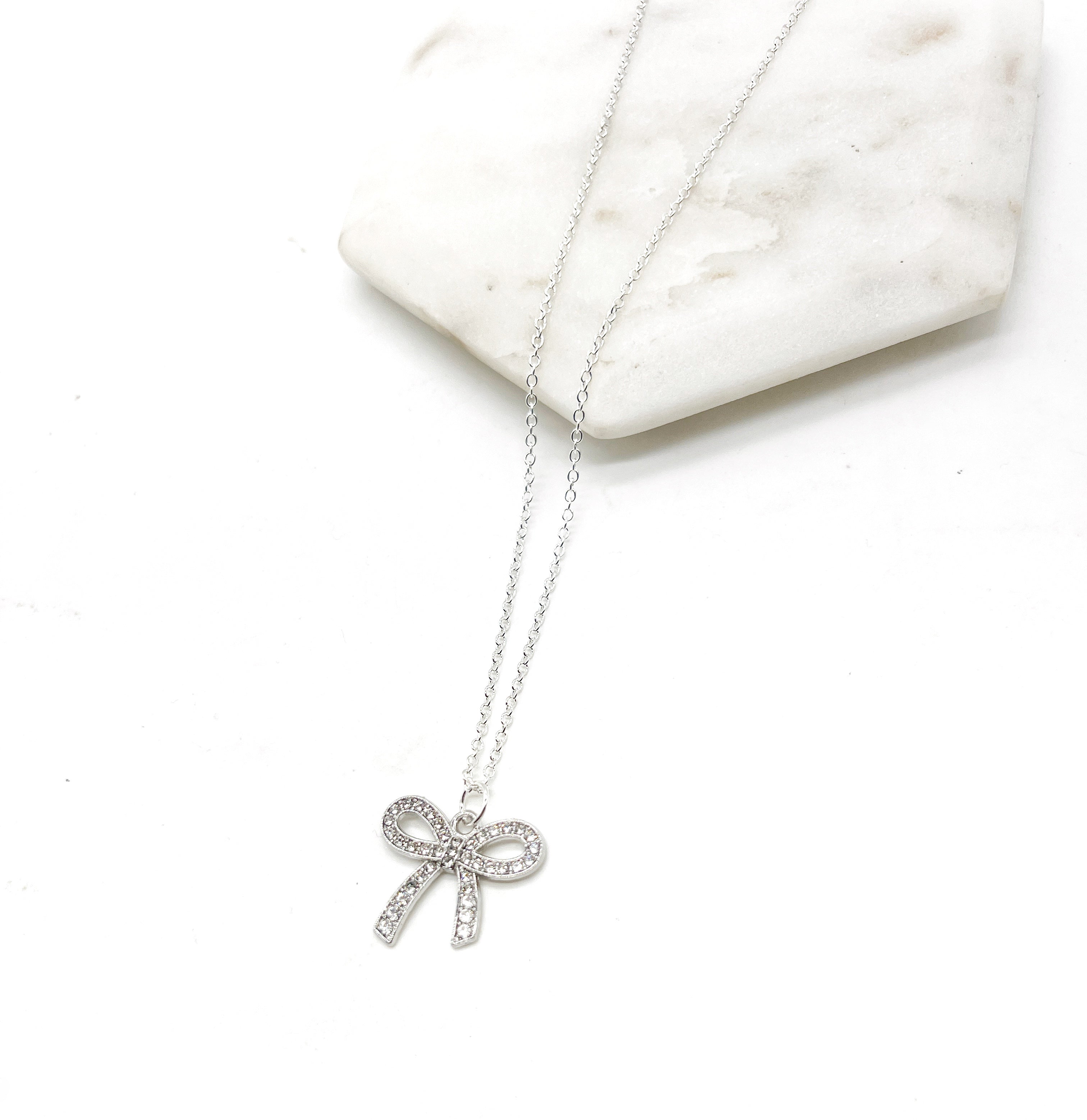 Rhinestone Silver Bow Necklace