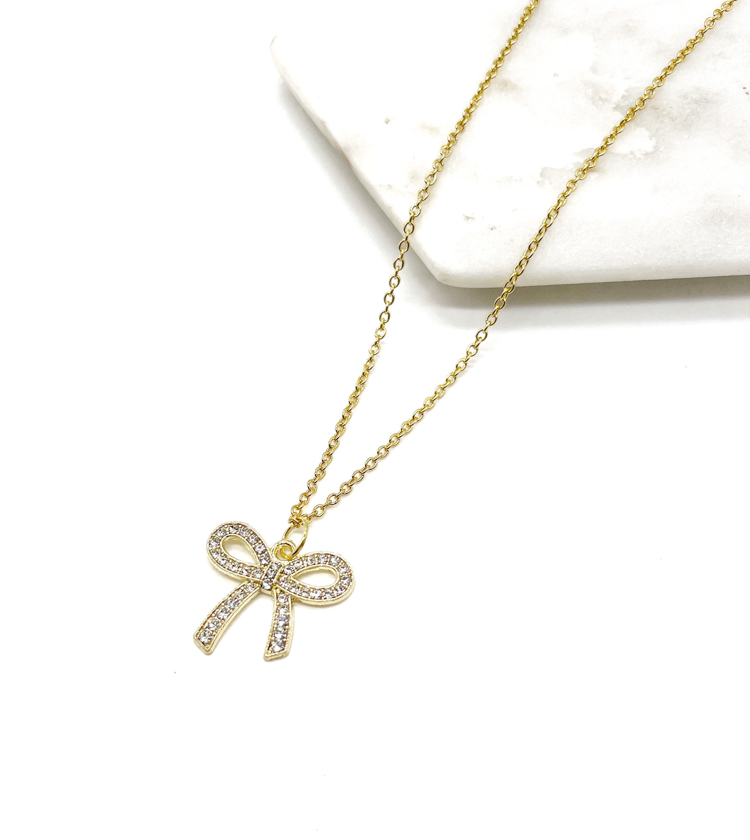 Rhinestone Gold Bow Necklace