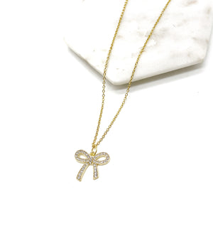 Rhinestone Gold Bow Necklace