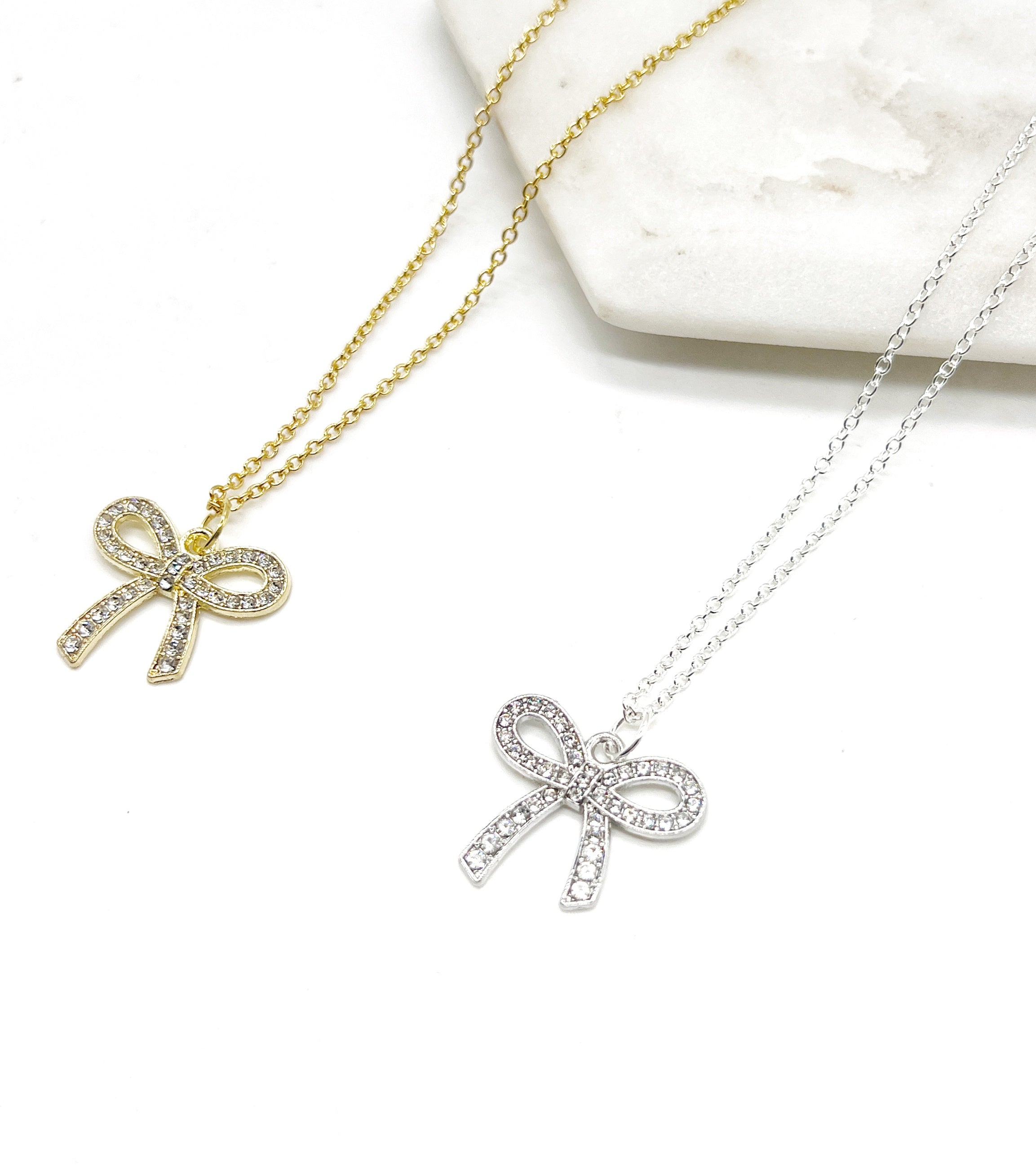 Rhinestone Silver Bow Necklace