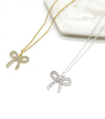 Rhinestone Silver Bow Necklace