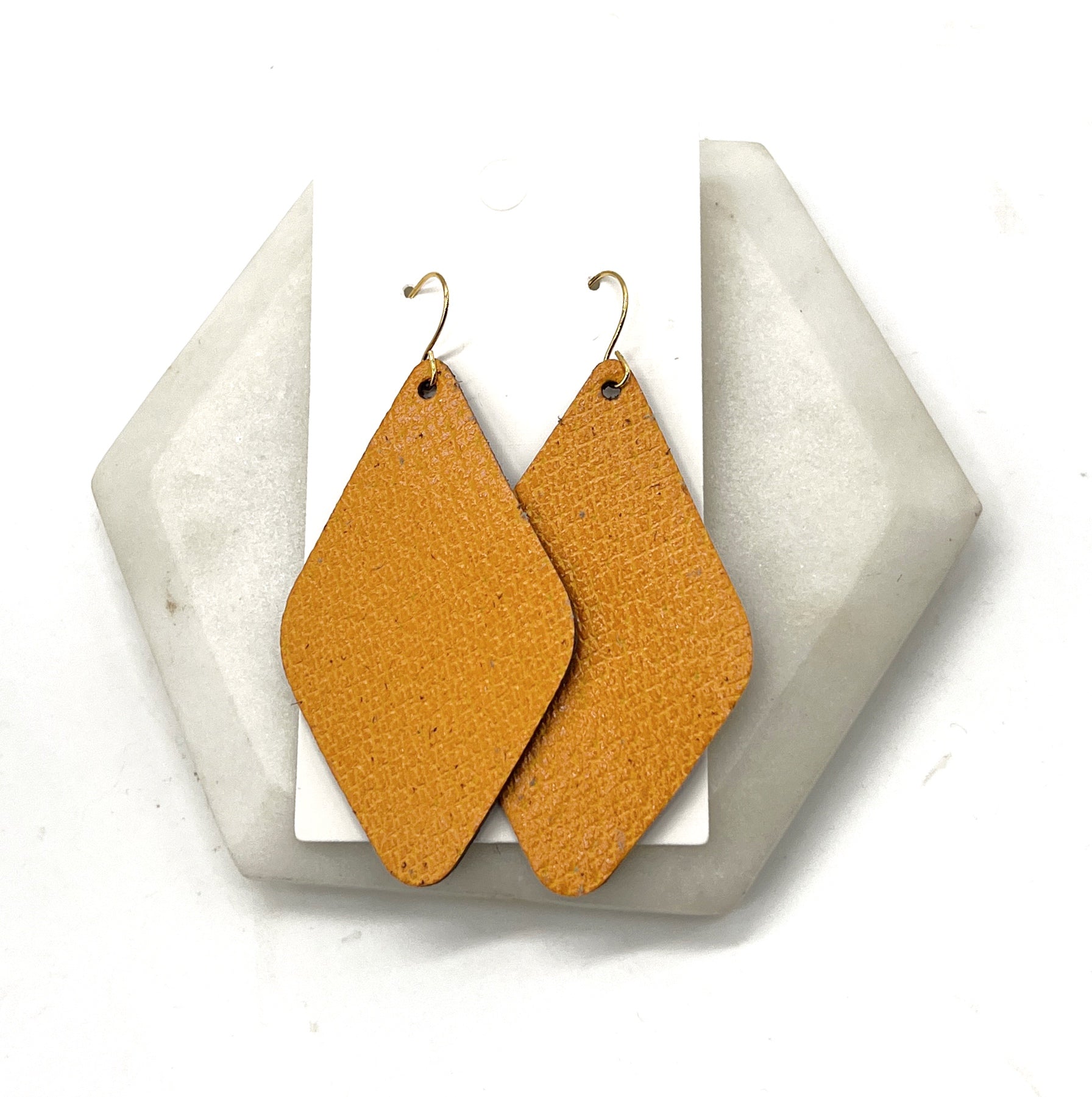 Mustard Yellow Leather Diamond Earrings