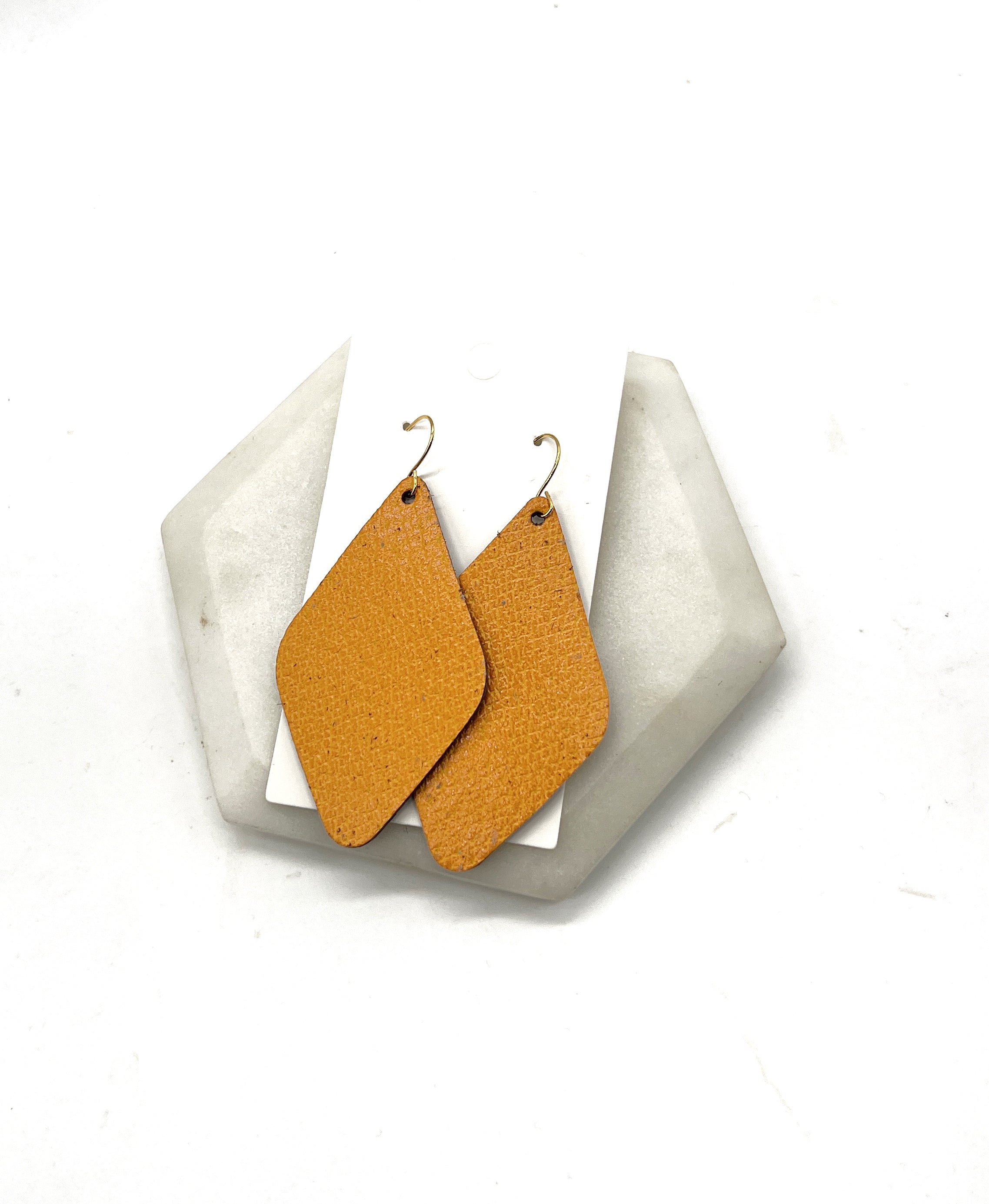 Mustard Yellow Leather Diamond Earrings