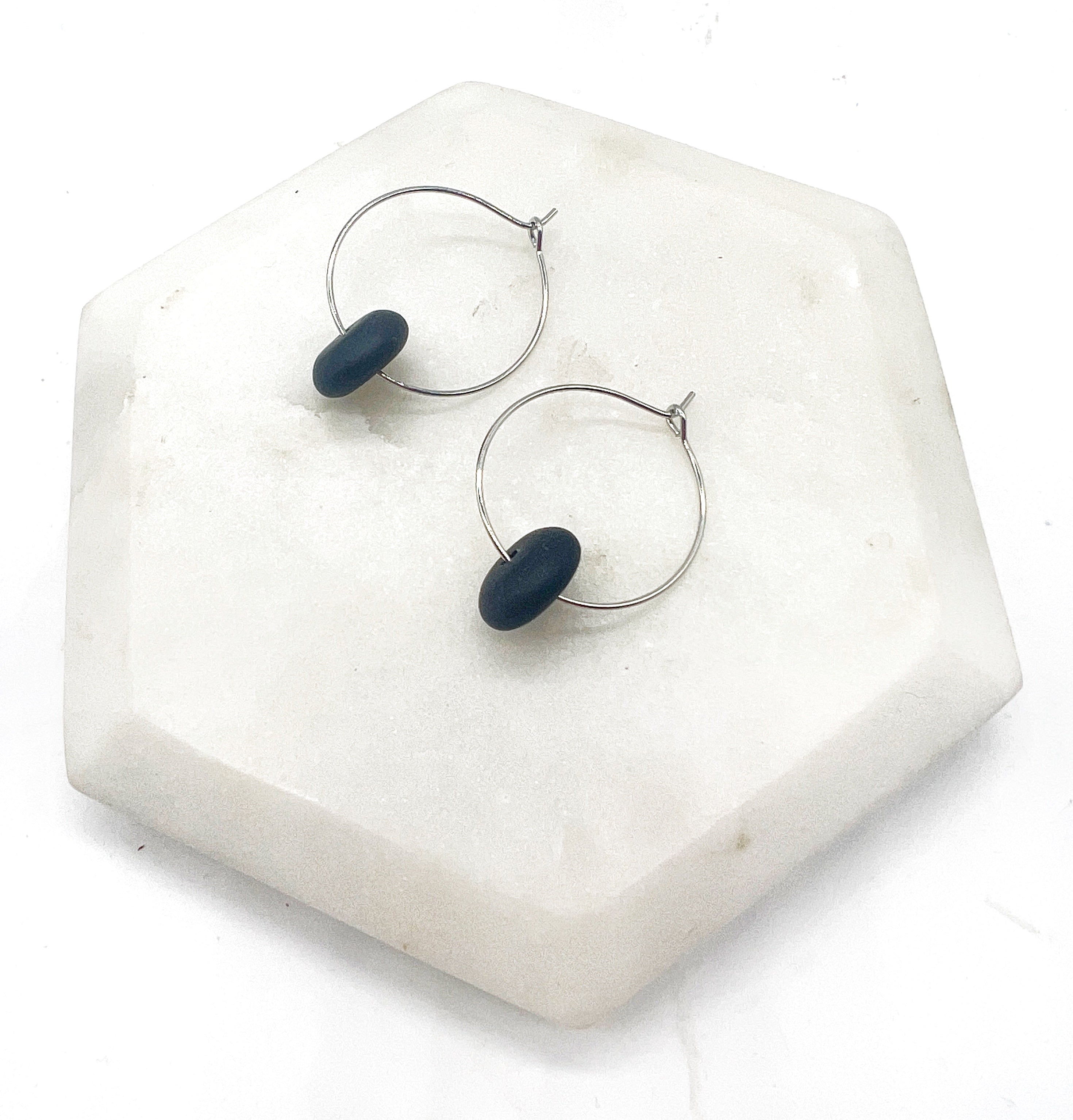 Black Seaglass Hoop Earrings