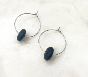 Black Seaglass Hoop Earrings
