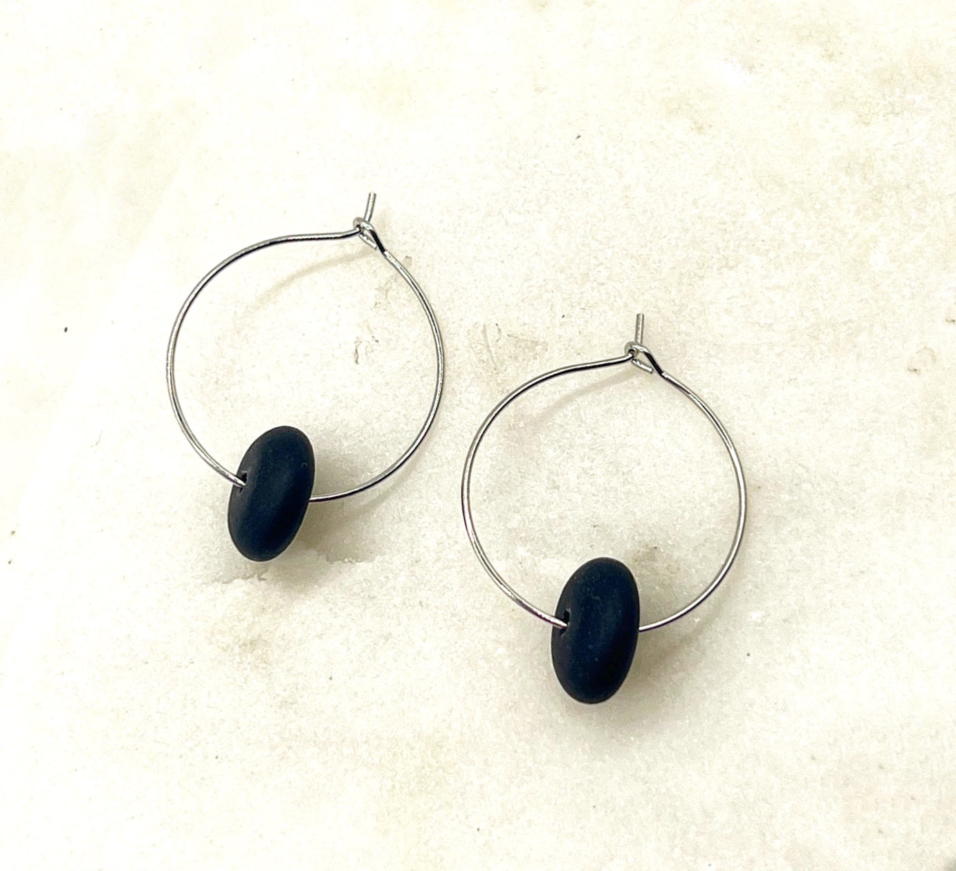Black Seaglass Hoop Earrings