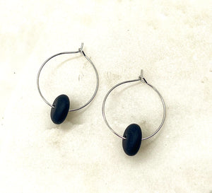 Black Seaglass Hoop Earrings