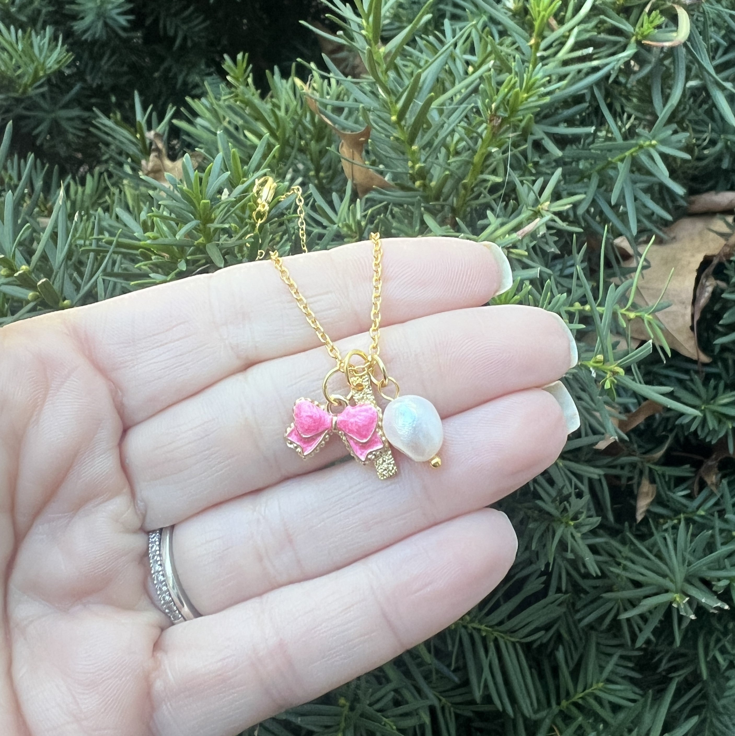 Pink Bow Pearl Bar Necklace