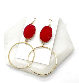 Red Druzy Gold Hoop Earrings