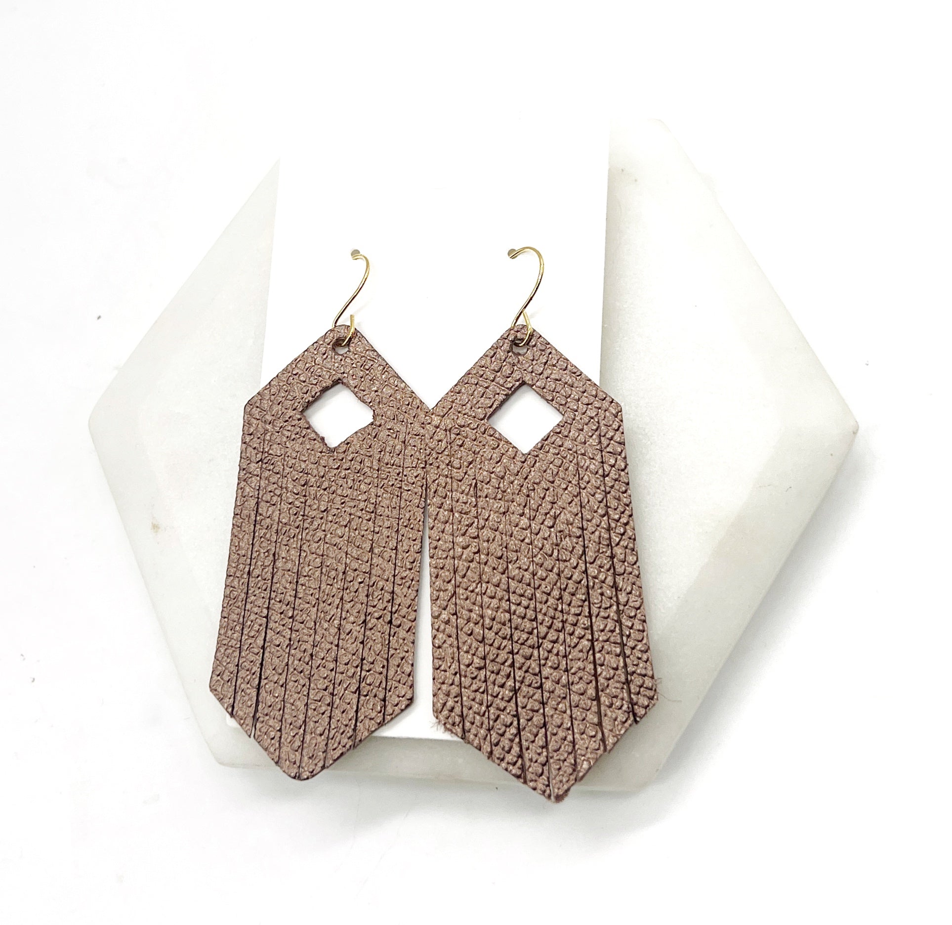 Bronze Diamond Fringe Leather Earrings