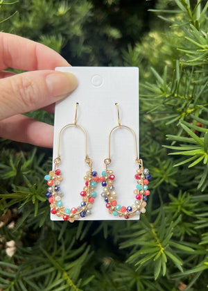 Flower Beaded Oval Hoop Earrings