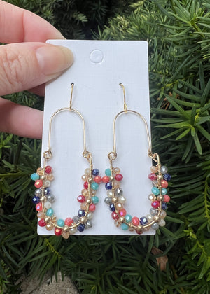 Flower Beaded Oval Hoop Earrings