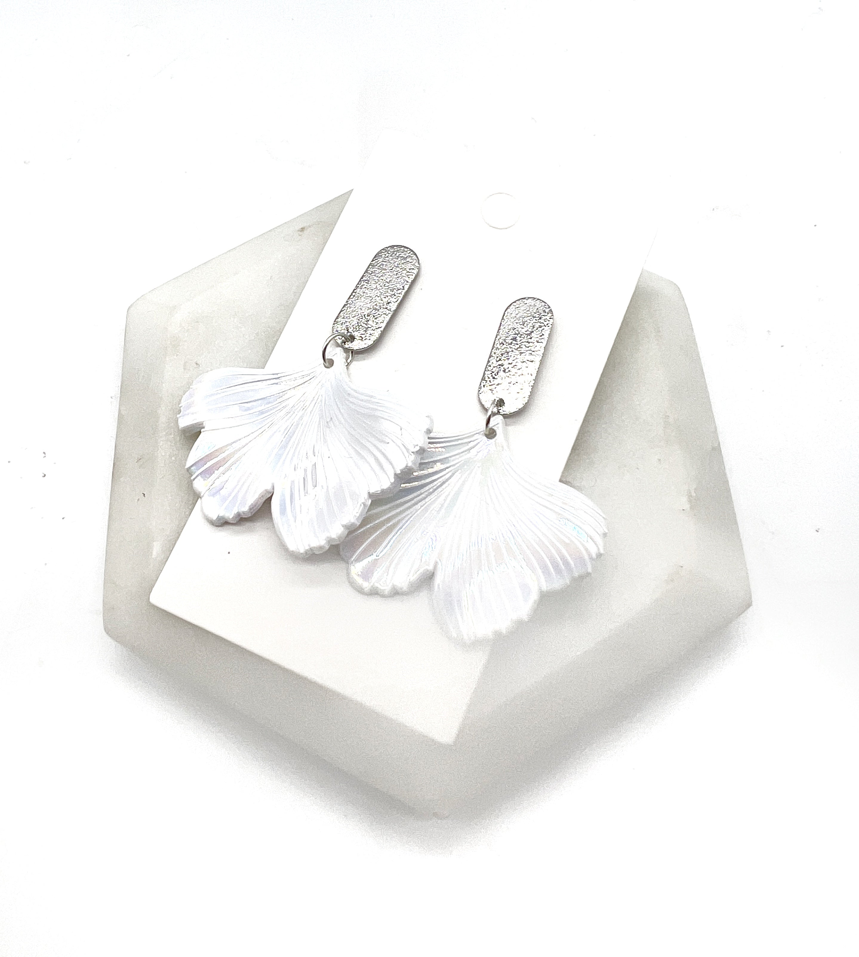 White Iridescent Ginkgo Earrings