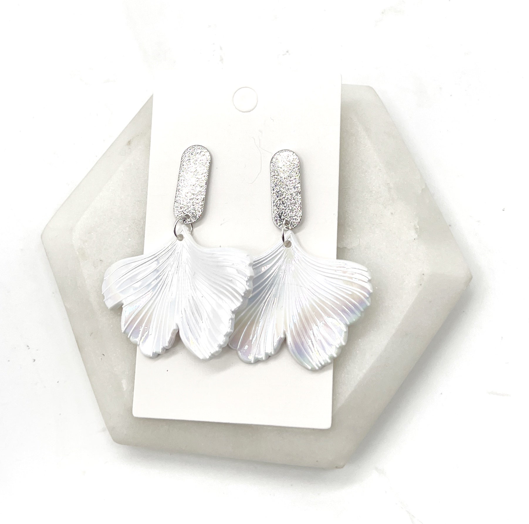 White Iridescent Ginkgo Earrings