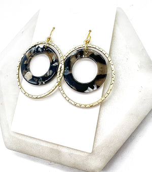 Black White Gold Oval Chandelier Earrings