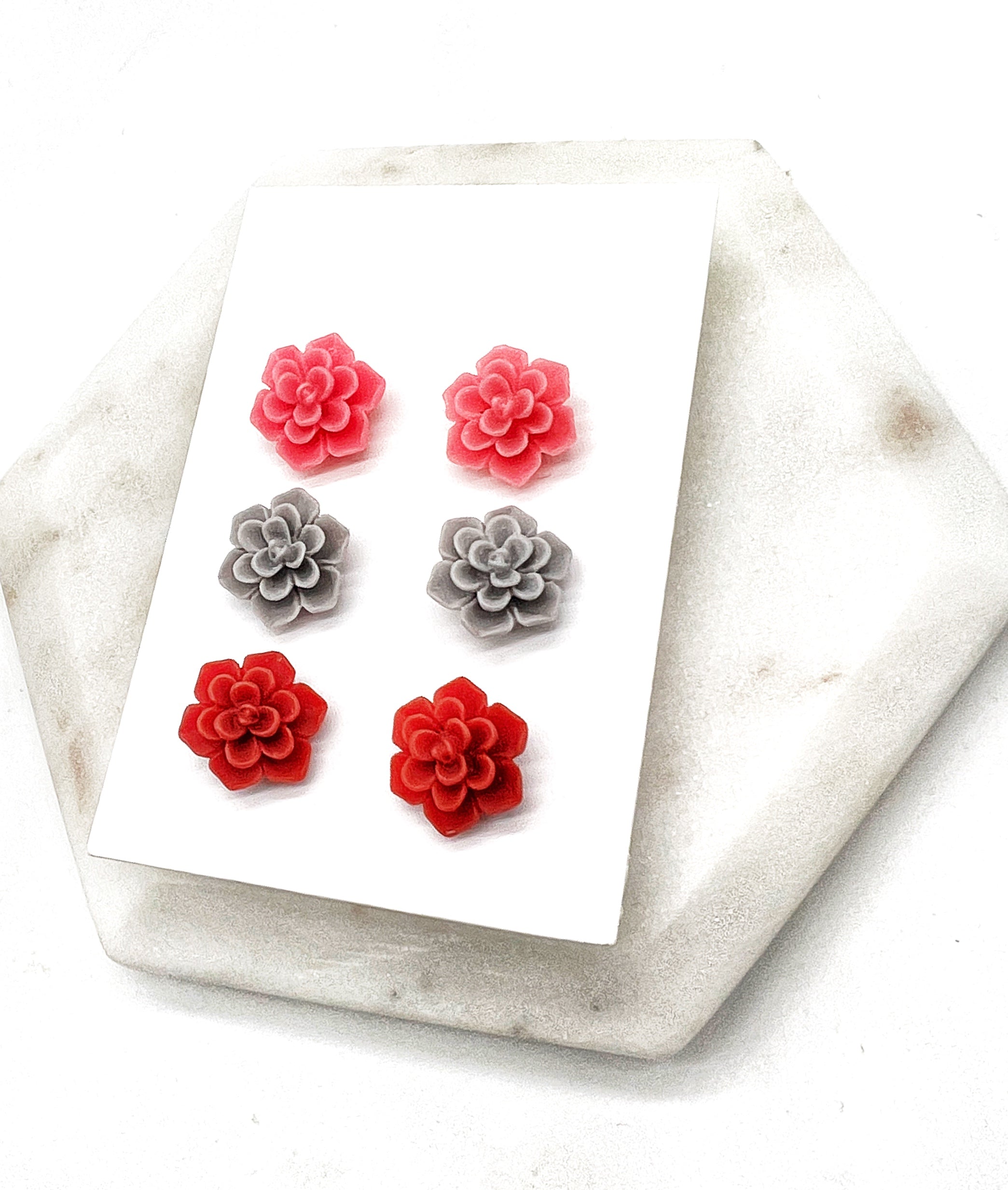 Pink Red Flower Stud Trio