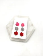 Pink Red Flower Stud Trio