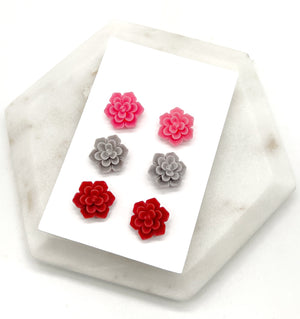 Pink Red Flower Stud Trio