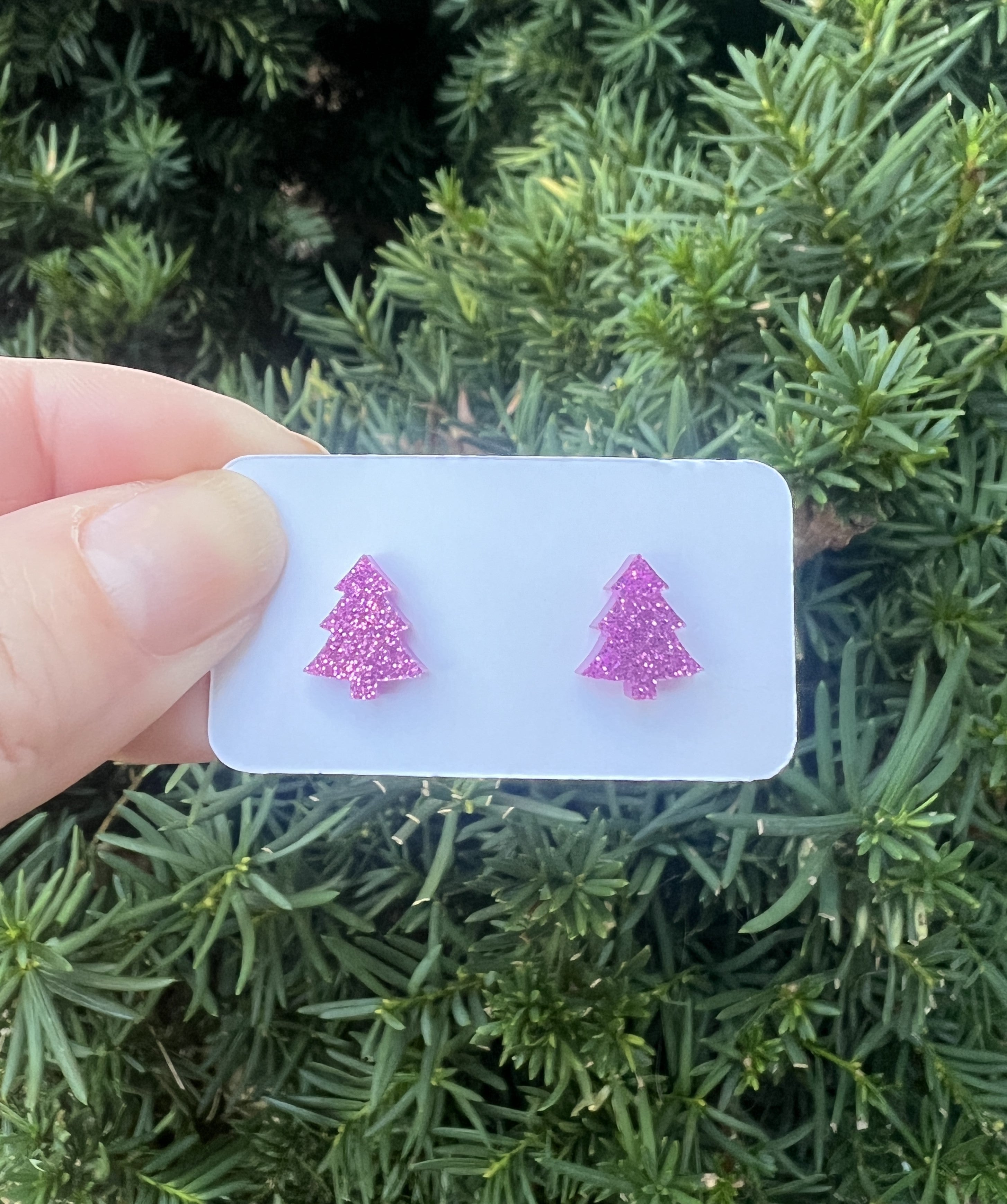 Pink Glitter Christmas Tree Stud Acrylic Earrings