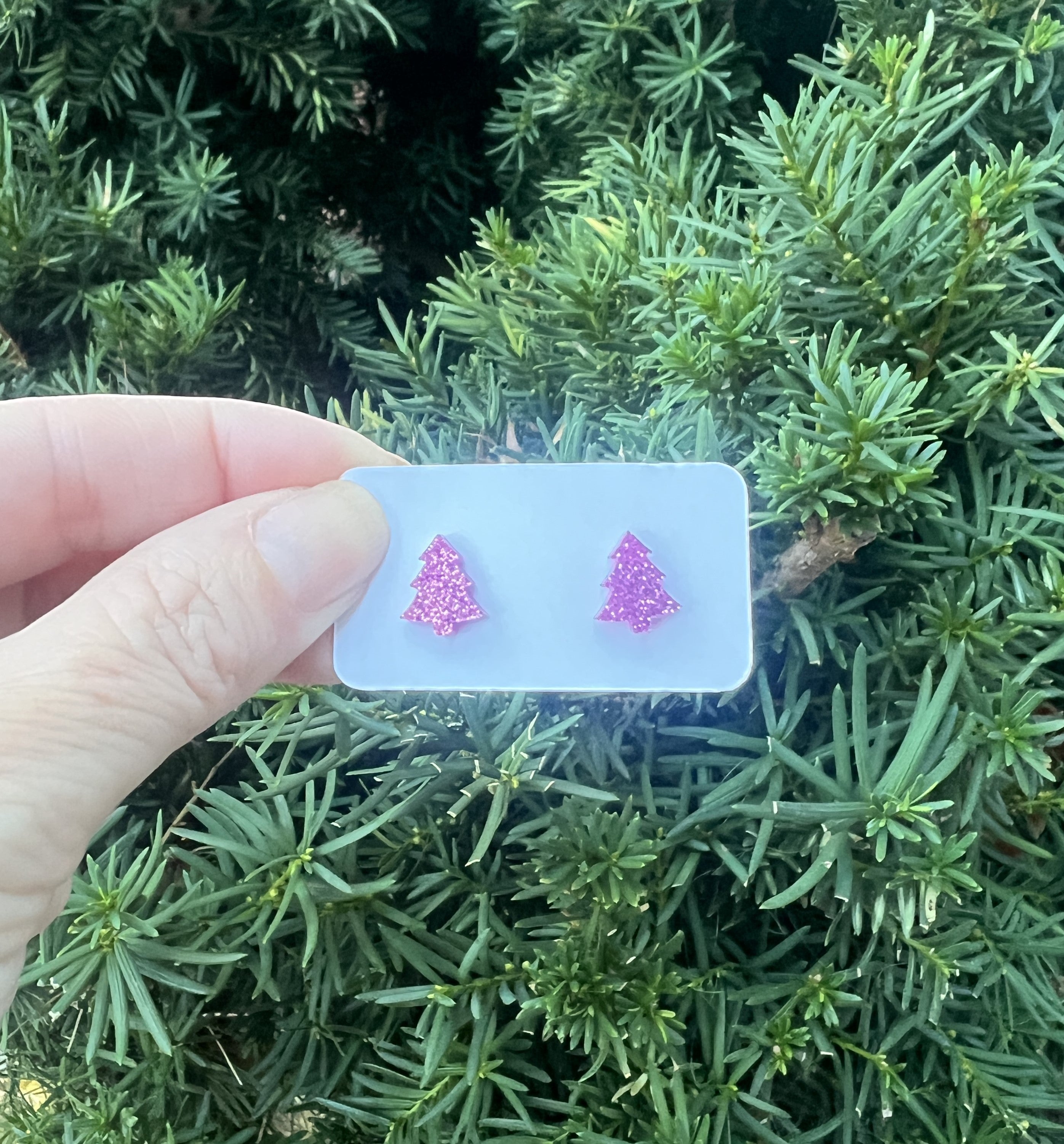 Pink Glitter Christmas Tree Stud Acrylic Earrings