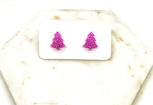 Pink Glitter Christmas Tree Stud Acrylic Earrings