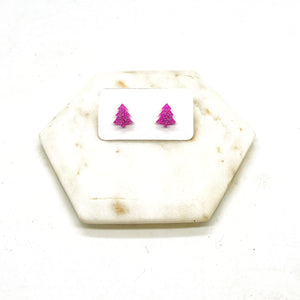 Pink Glitter Christmas Tree Stud Acrylic Earrings