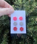 Pink Red Flower Stud Trio